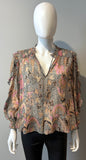 Ulla Johnson Pink and Black Floral Lurex ruffle blouse Size 2