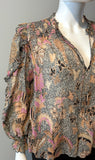 Ulla Johnson Pink and Black Floral Lurex ruffle blouse Size 2