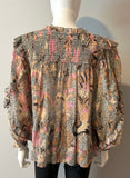 Ulla Johnson Pink and Black Floral Lurex ruffle blouse Size 2