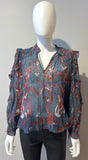 Ulla Johnson Red and Teal Floral Lurex ruffle blouse Size 2