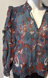 Ulla Johnson Red and Teal Floral Lurex ruffle blouse Size 2