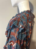 Ulla Johnson Red and Teal Floral Lurex ruffle blouse Size 2