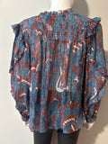 Ulla Johnson Red and Teal Floral Lurex ruffle blouse Size 2