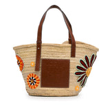 LOEWE Large Floral Embroidered Raffia Basket Tote Brown