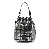 Metallic Croc Embossed Leather Drawstring Bucket Bag Silver - Lab Luxury Resale