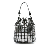 Metallic Croc Embossed Leather Drawstring Bucket Bag Silver - Lab Luxury Resale