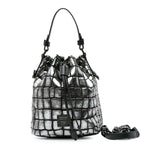 Metallic Croc Embossed Leather Drawstring Bucket Bag Silver - Lab Luxury Resale